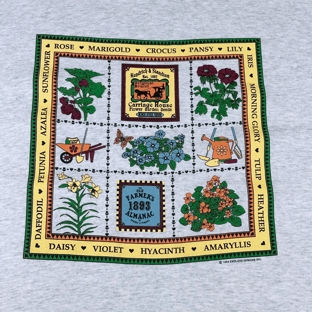 Vintage 90s Kendrich & Standton Carriage House Flower Garden Seeds T-Shirt XXL