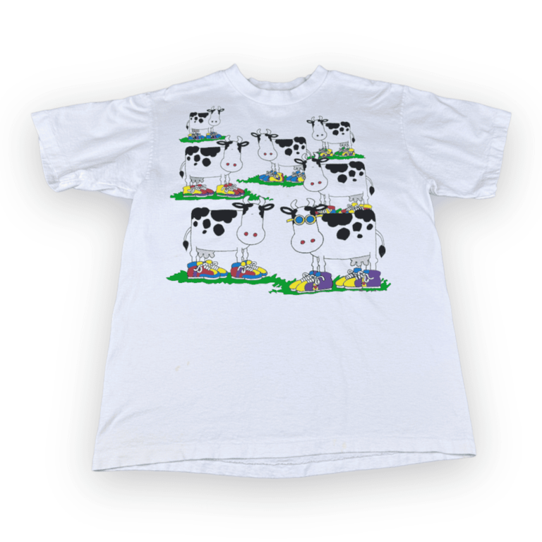 Vintage 90s Holstein Cows in Sneakers Cartoon T-Shirt LARGE