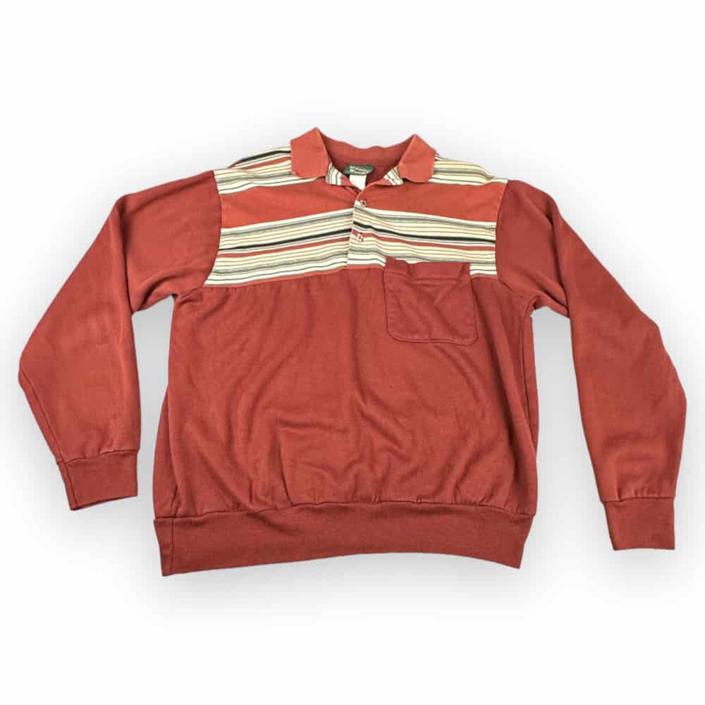 Vintage 80s Burnt Orange Striped Long Sleeve Polo Shirt MEDIUM