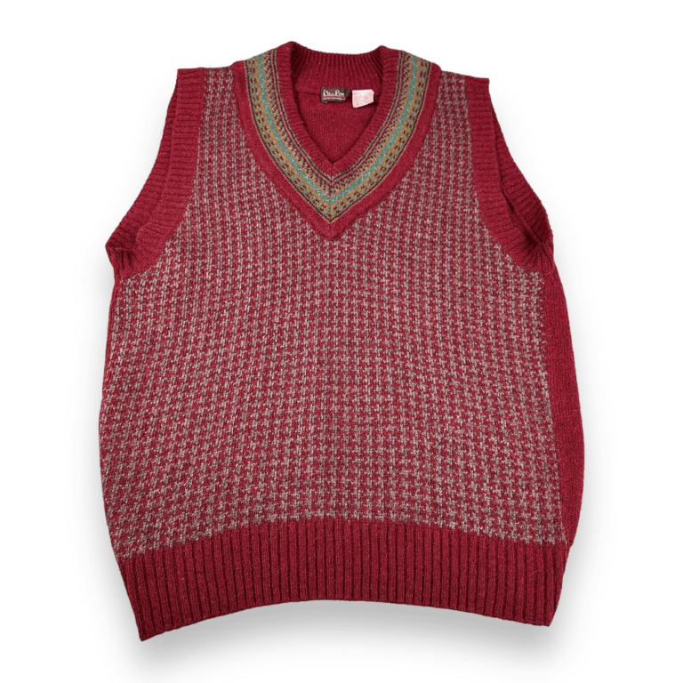 Vintage 80s Burgundy Houndstooth Rainbow V Neck Sweater Vest
