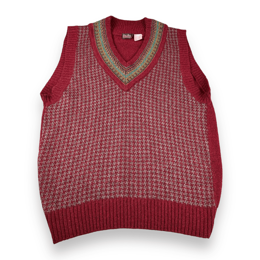 Vintage 80s Burgundy Houndstooth Rainbow V Neck Sweater Vest
