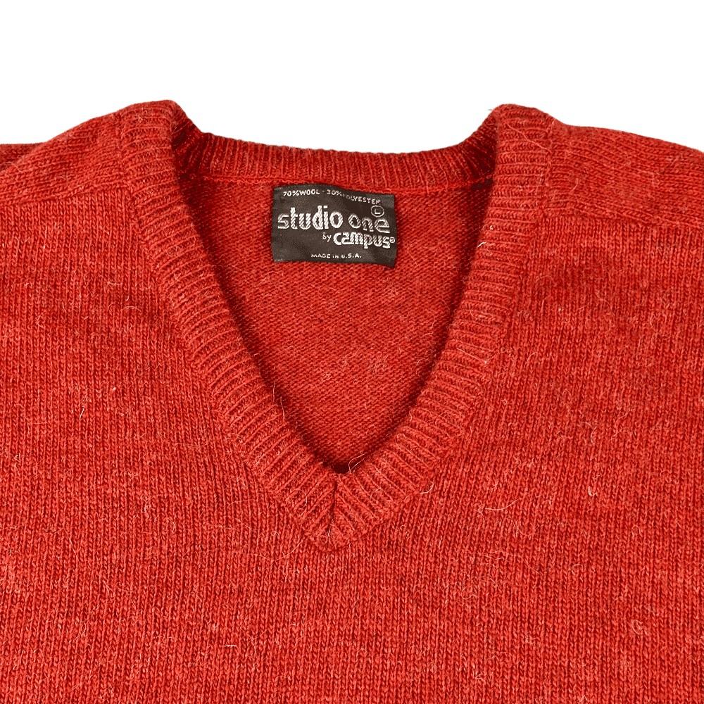 Vintage 70s Campus Studio One Burnt Orange V Neck Sweater MEDIUM