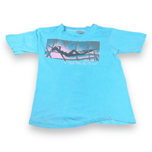 Vintage 80s Tropical Hammock Sunset Lady St Maarten T-Shirt MEDIUM