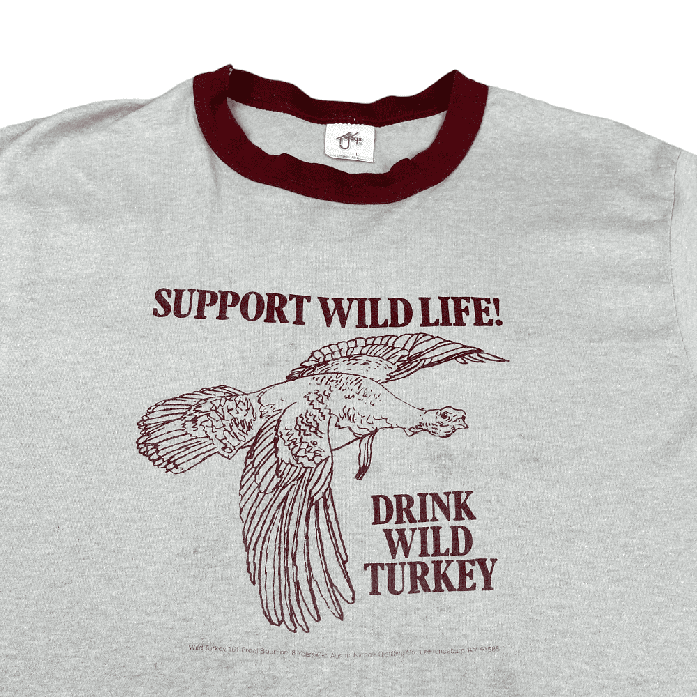 Vintage 80s Support Wild Life Drink Wild Turkey Ringer T-Shirt SMALL