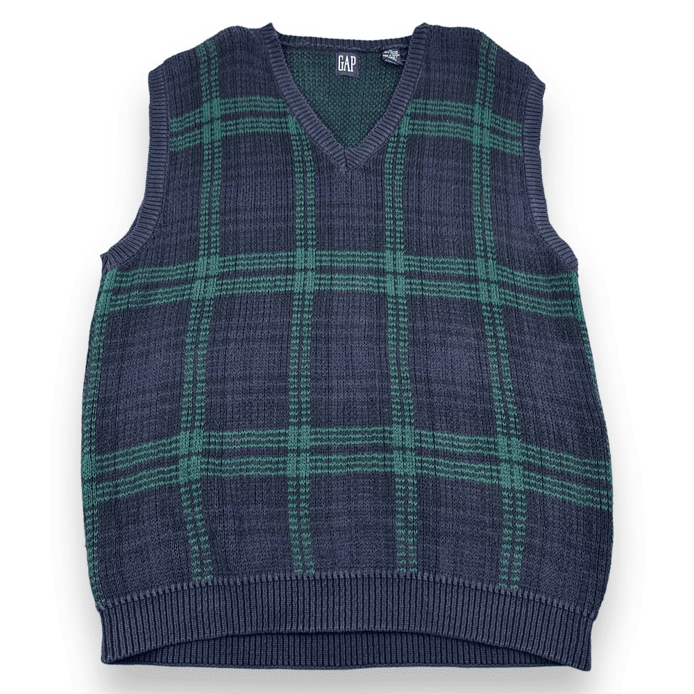 Vintage Gap Sweater Vest 90s Watchman Plaid Navy Blue Green Adult MEDIUM