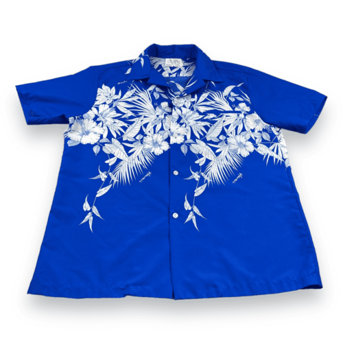 Vintage Hawaiian Shirt Blue 80s Royal Princess Floral Adult LARGE