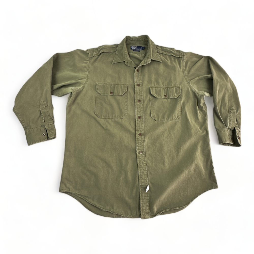 Vintage Polo Ralph Lauren Shirt 90s Olive Green Military Adult LARGE