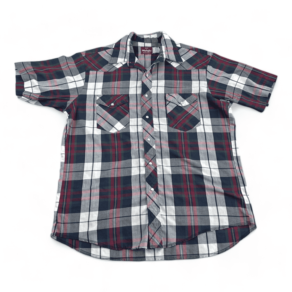 Vintage Wrangler Western Shirt 80s Plaid Pearl Snap Adult LARGE-1 Vintage Wrangler Western Shirt 80s Plaid Pearl Snap Adult LARGE