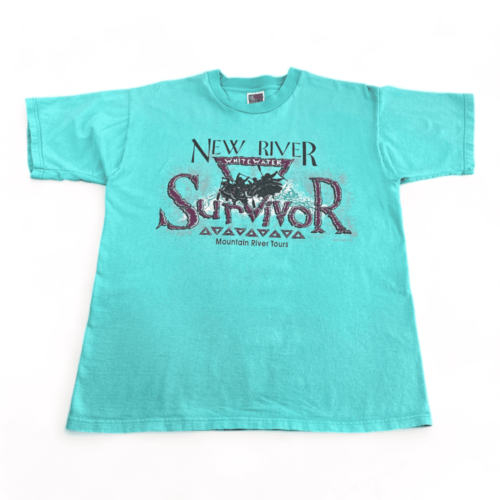 Vintage Whitewater Survivor Shirt 90s Green New River Rafting Mountain Tours Adult MEDIUM