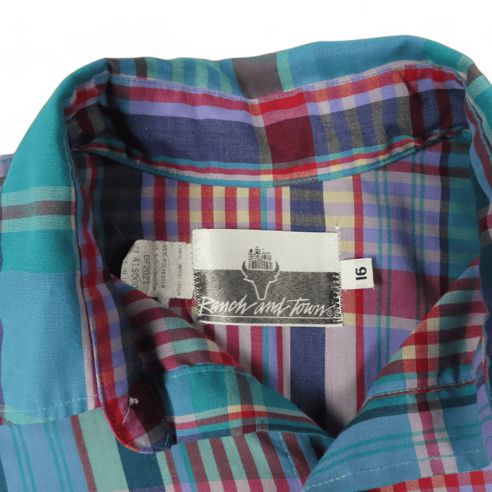 Vintage Western Shirt Ranch And Town Green Pueple Plaid 90s Pearl Snap Adult MEDIUM