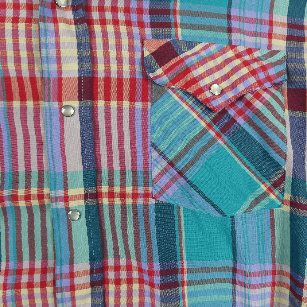 Vintage Western Shirt Ranch And Town Green Pueple Plaid 90s Pearl Snap Adult MEDIUM