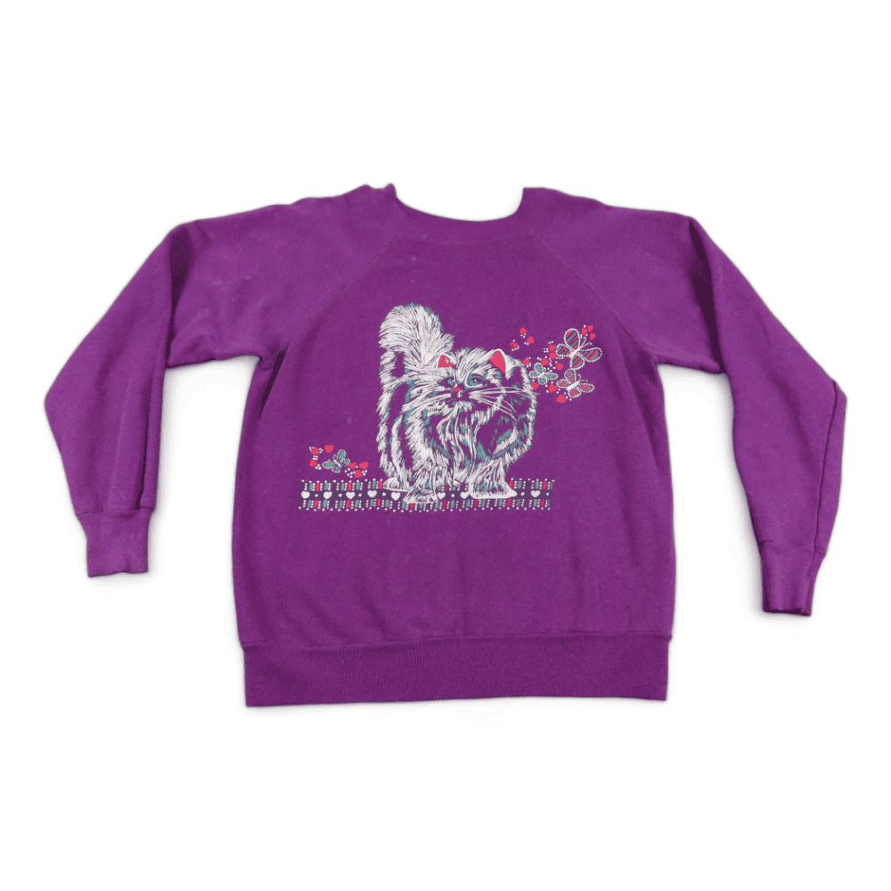 Vintage Cat Sweater 80s Purple Raglan Sweatshirt Pullover Adult MEDIUM