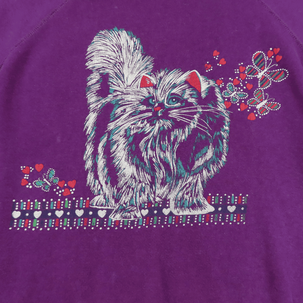 Vintage Cat Sweater 80s Purple Raglan Sweatshirt Pullover Adult MEDIUM