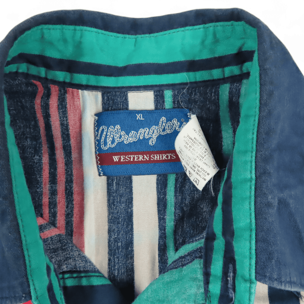 Vintage Wrangler Western Shirt 90s Pearl Snap Blue Green Stripes Adult EXTRA LARGE