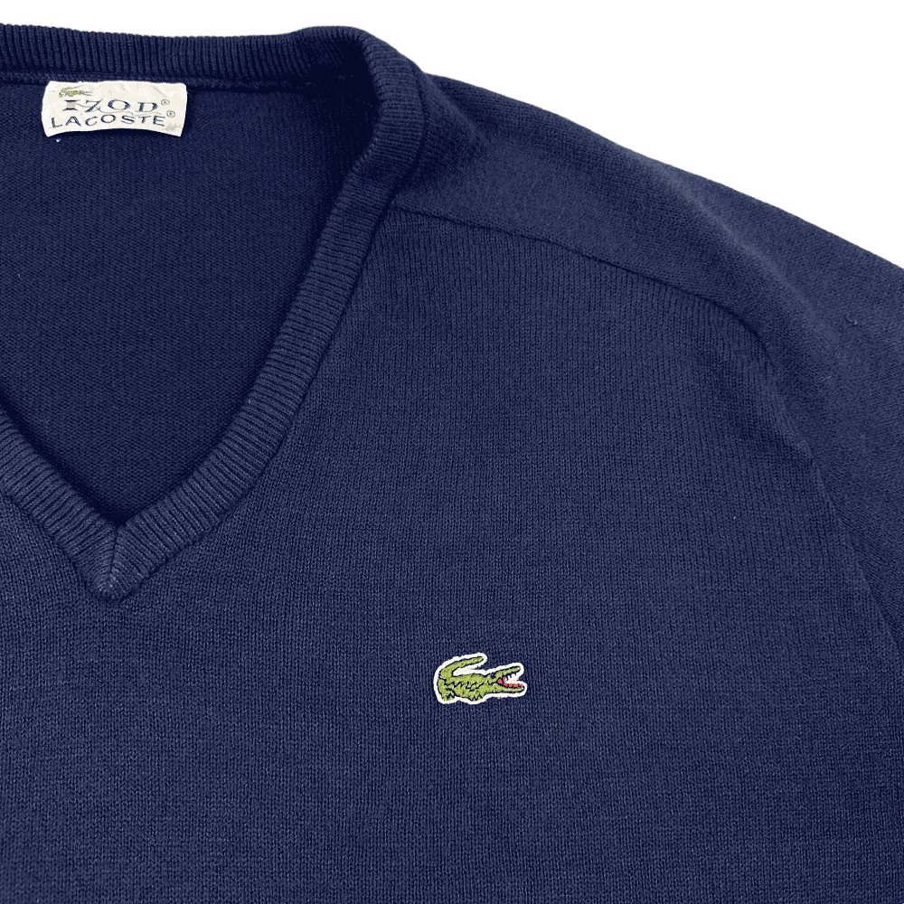 Vintage Izod Lacoste Sweater 60s Navy Blue Acrylic V Neck Pullover Adult LARGE