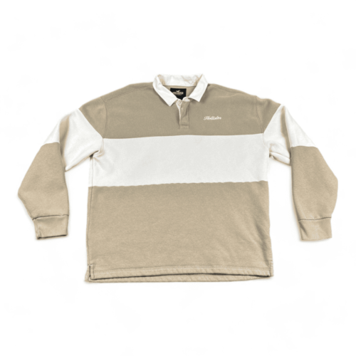 Hollister Rugby Polo Sweater White Beige Color Block Adult LARGE