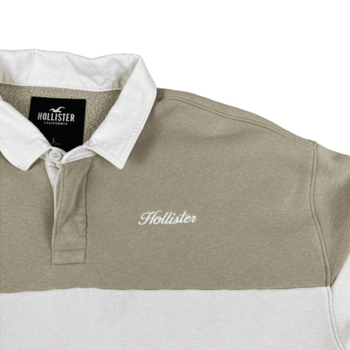 Hollister Rugby Polo Sweater White Beige Color Block Adult LARGE