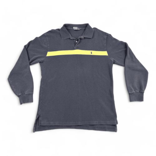 Vintage Ralph Lauren Polo Shirt 90s Blue Snap Buttons Yellow Stripe Adult MEDIUM