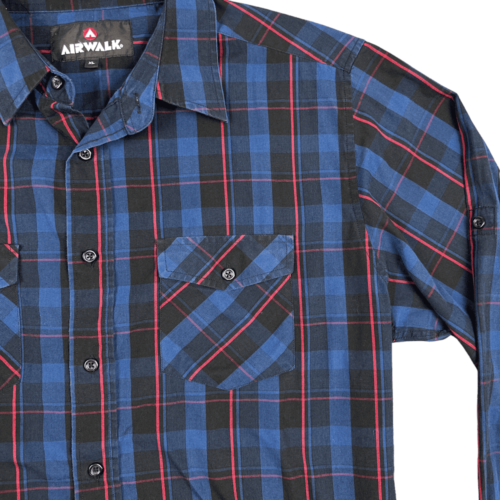 Airwalk Shirt Blue Black Red Plaid Button Down Adult LARGE