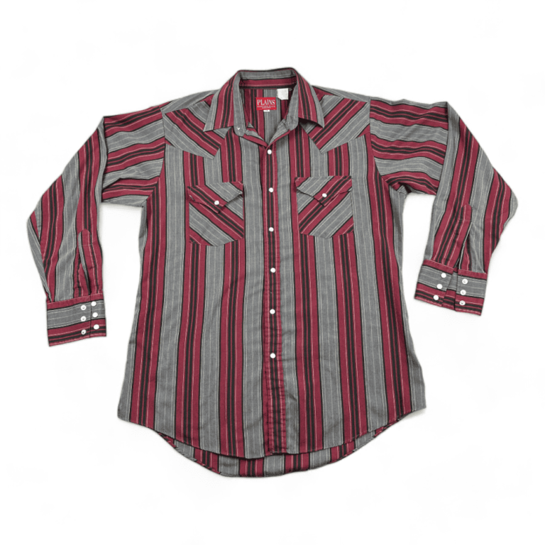 Vintage Plains Western Shirt 90s Burgundy Gray Black Stripes Pearl Snap Adult MEDIUM