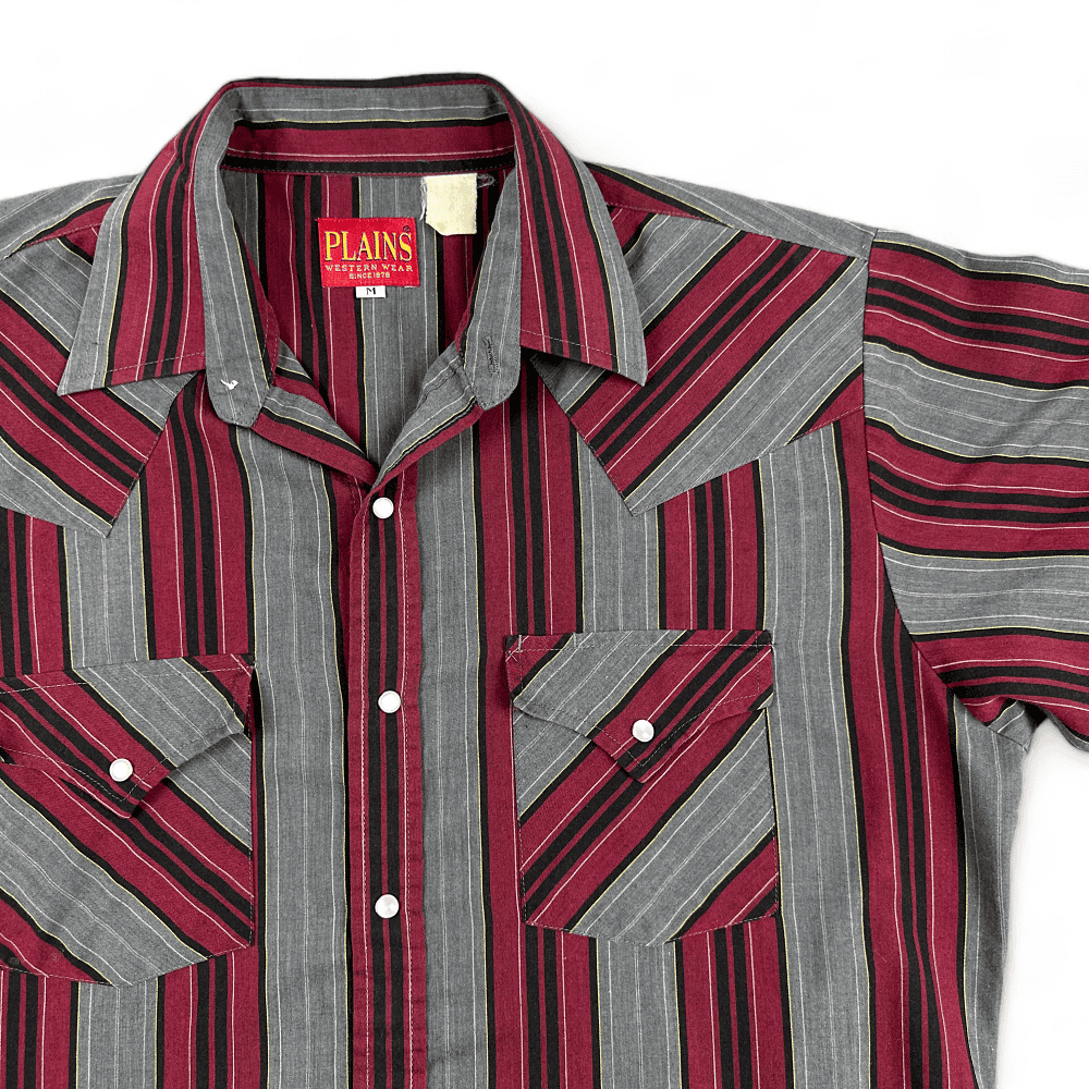 Vintage Plains Western Shirt 90s Burgundy Gray Black Stripes Pearl Snap Adult MEDIUM
