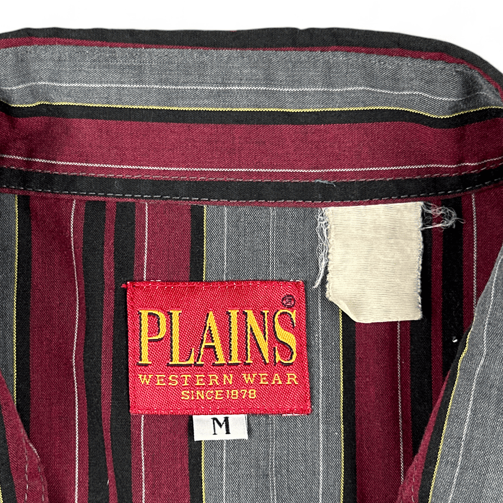 Vintage Plains Western Shirt 90s Burgundy Gray Black Stripes Pearl Snap Adult MEDIUM