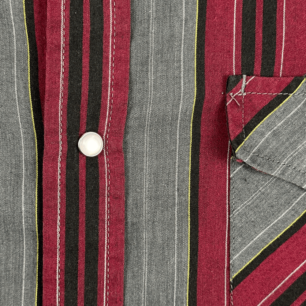 Vintage Plains Western Shirt 90s Burgundy Gray Black Stripes Pearl Snap Adult MEDIUM