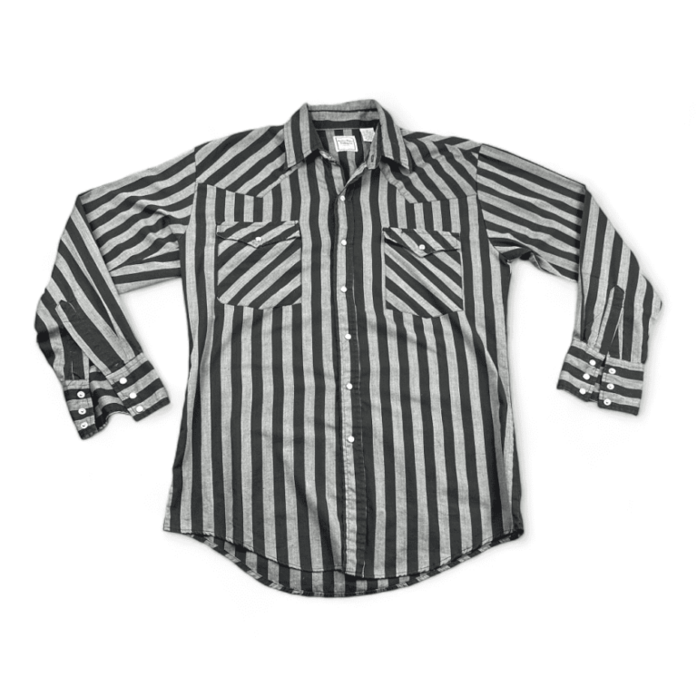 Vintage Western Plains Shirt 90s Black Gray Stripes Pearl Snap Adult MEDIUM