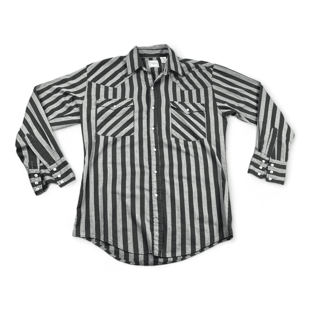 Vintage Western Plains Shirt 90s Black Gray Stripes Pearl Snap Adult MEDIUM
