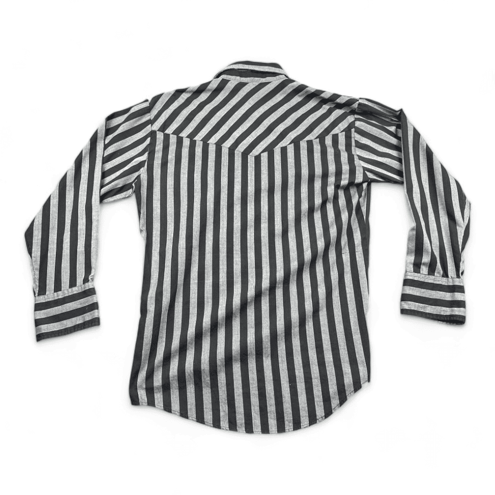 Vintage Western Plains Shirt 90s Black Gray Stripes Pearl Snap Adult MEDIUM