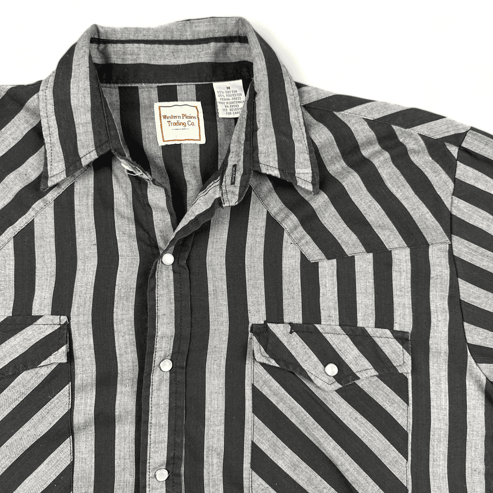 Vintage Western Plains Shirt 90s Black Gray Stripes Pearl Snap Adult MEDIUM