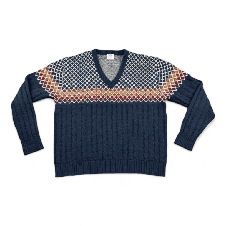 Vintage Montgomery Ward Sweater Blue Cable Knit Lattice 70s Adult LARGE