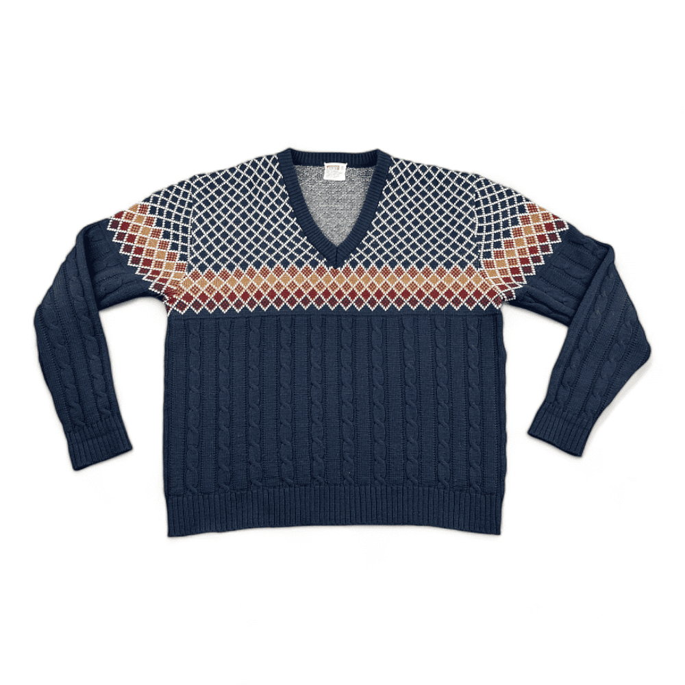 Vintage Montgomery Ward Sweater Blue Cable Knit Lattice 70s Adult LARGE