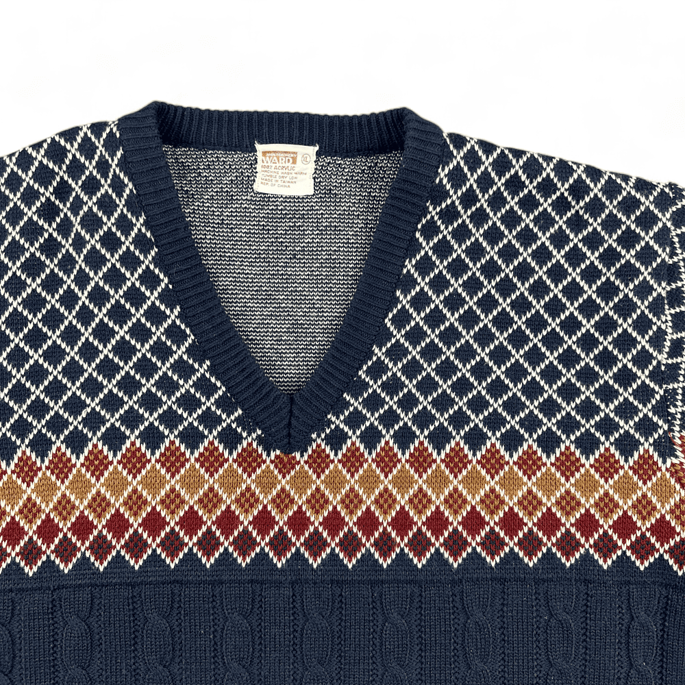 Vintage Montgomery Ward Sweater Blue Cable Knit Lattice 70s Adult LARGE