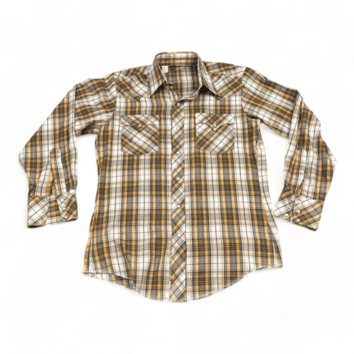 Vintage Western Shirt Yellow Brown Plaid 70s Adult MEDIUM