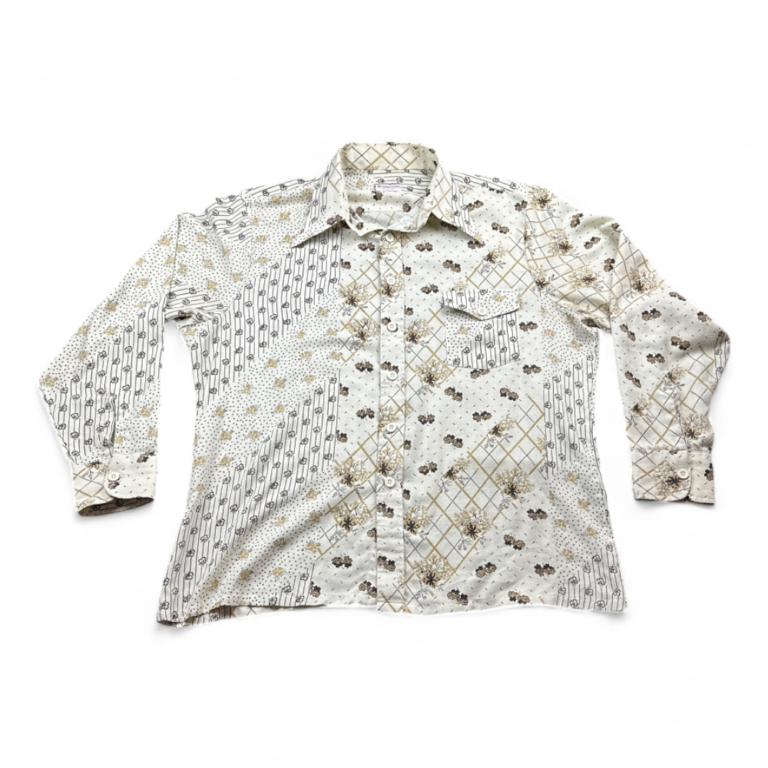 Vintage McGregor Shirt Ivory Floral Disco Gold Brown 70s Adult EXTRA LARGE