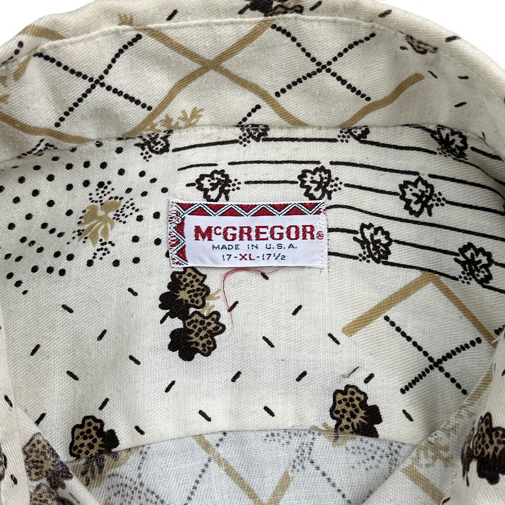 Vintage McGregor Shirt Ivory Floral Disco Gold Brown 70s Adult EXTRA LARGE