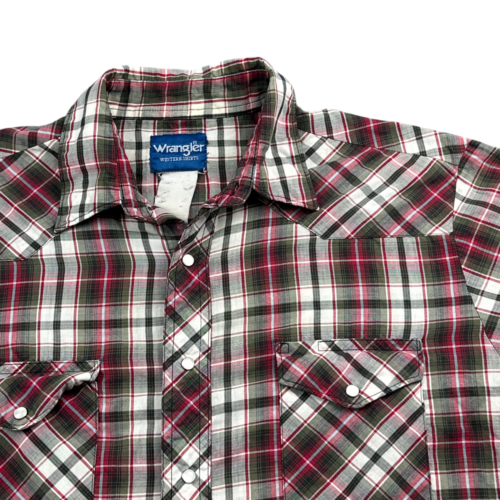 Vintage Wrangler Western Shirt Red Green Plaid Pearl Snap 90s Adult LARGE