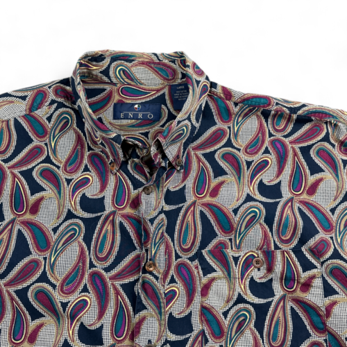Vintage Enro Shirt Purple Blue Paisley Check 90s Adult LARGE