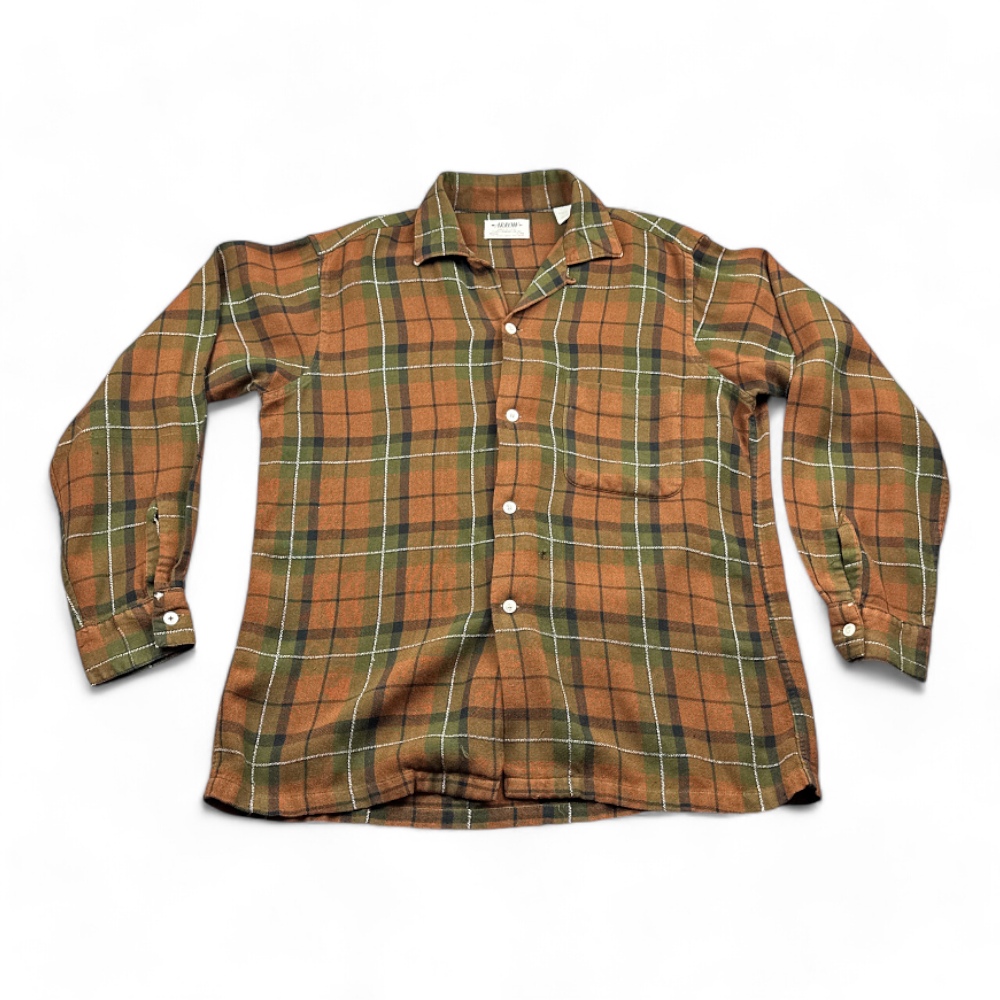Vintage Arrow Shirt Brown Green Plaid 70s Adult MEDIUM