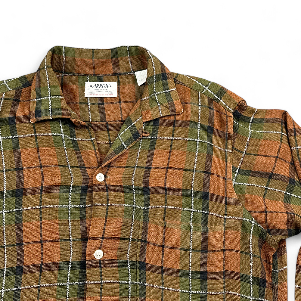 Vintage Arrow Shirt Brown Green Plaid 70s Adult MEDIUM