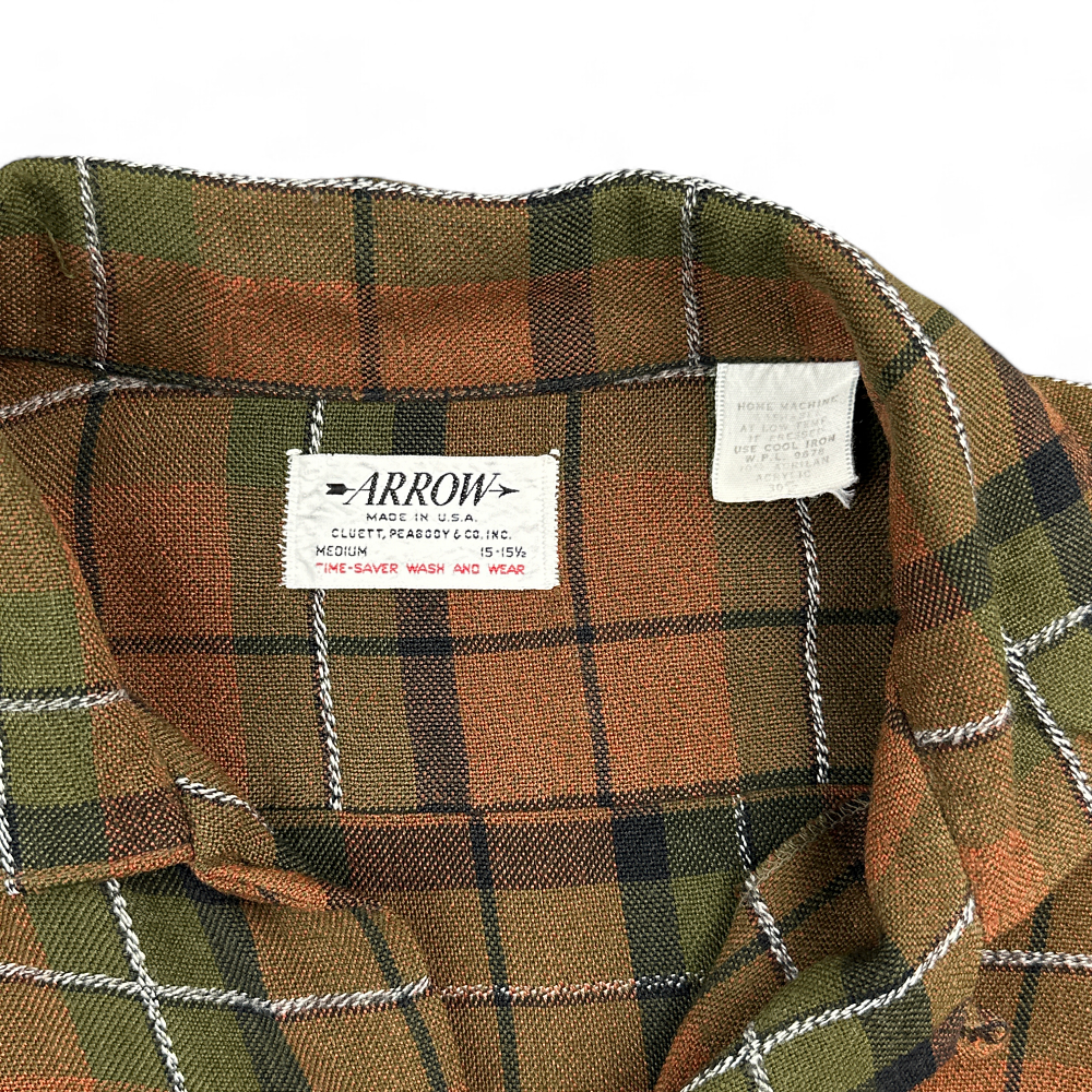 Vintage Arrow Shirt Brown Green Plaid 70s Adult MEDIUM