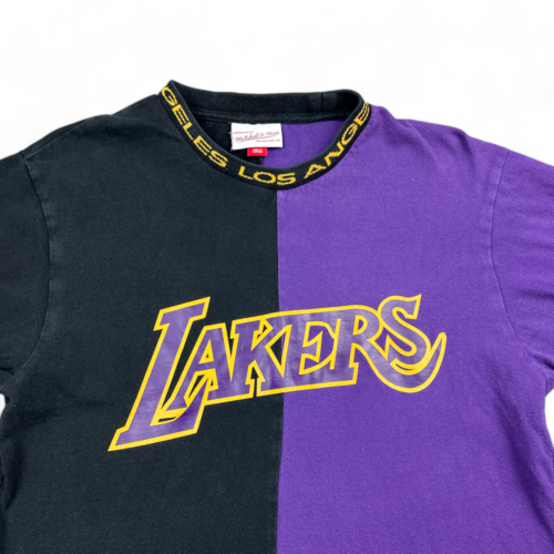 Los Angeles Lakers Shirt Black Purple Spell Out Mitchell & Ness Color Block Adult SMALL