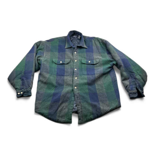 Vintage Van Heusen Shirt Jacket Blue Green Black Watch Plaid Barn Coat 90s Adult LARGE