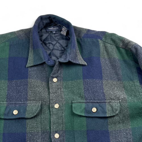 Vintage Van Heusen Shirt Jacket Blue Green Black Watch Plaid Barn Coat 90s Adult LARGE
