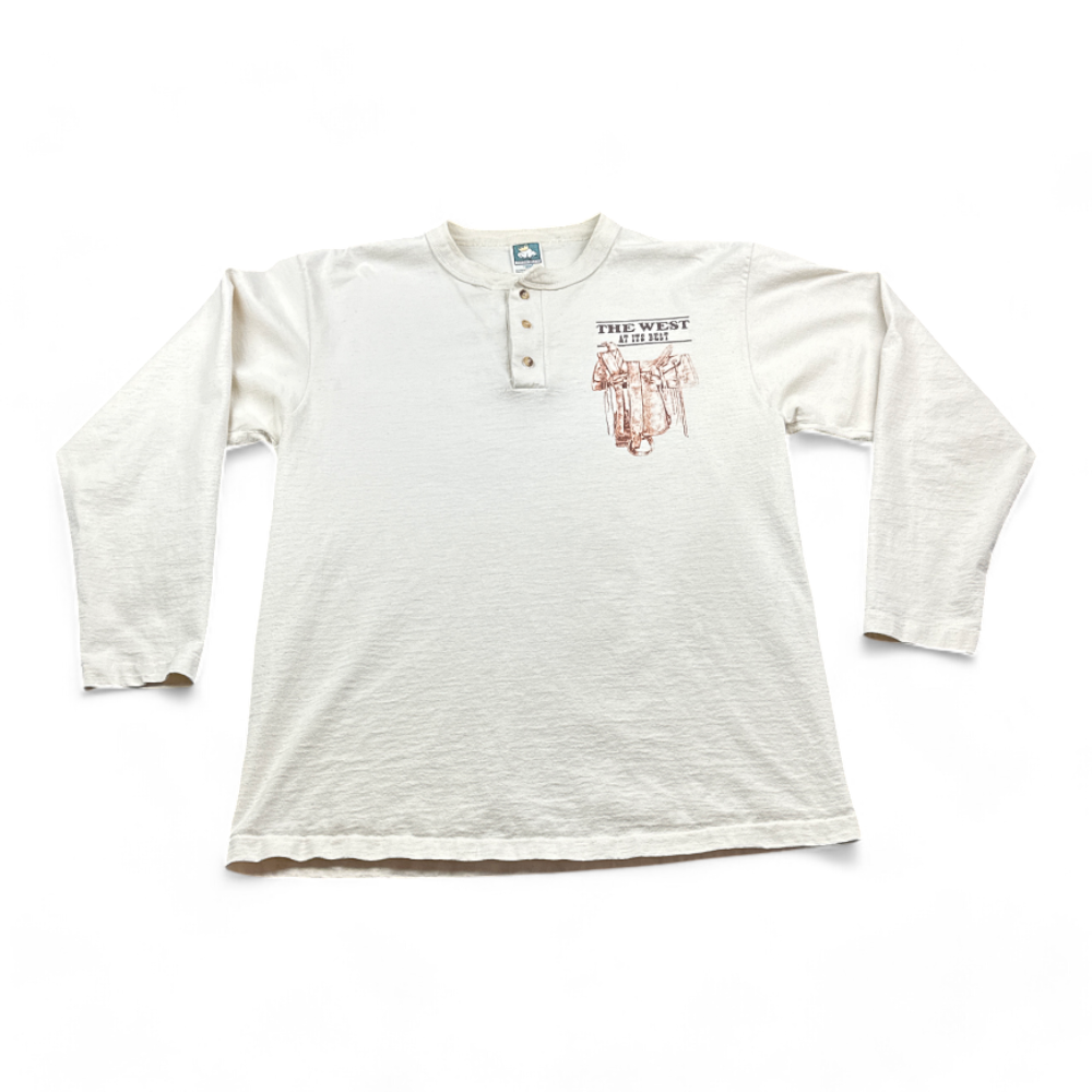 Vintage Cowboy Shirt Off White Henley West At Its Best Long Sleeve 90s Adult LARGE