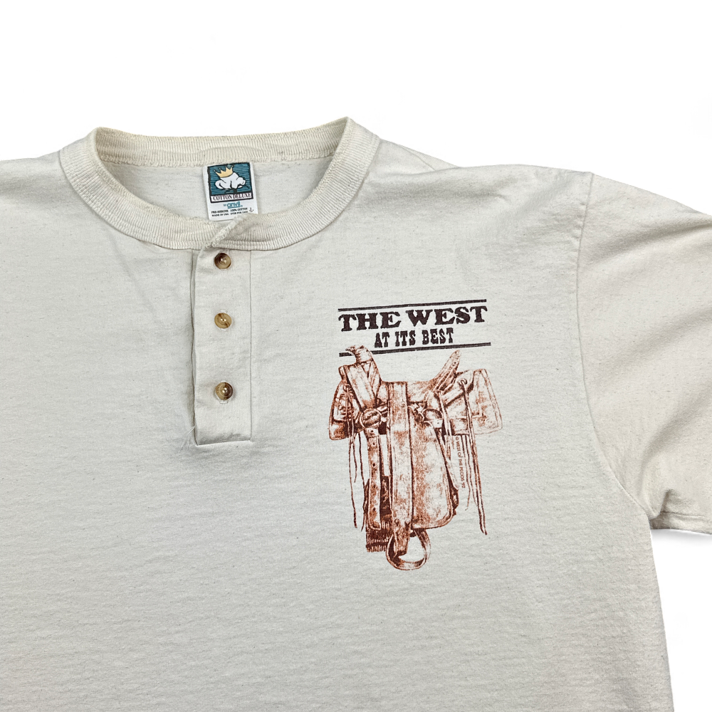 Vintage Cowboy Shirt Off White Henley West At Its Best Long Sleeve 90s Adult LARGE