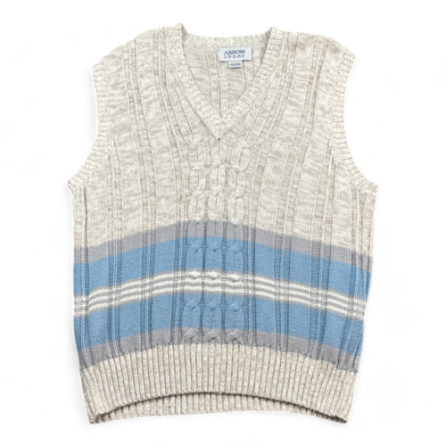 Vintage Arrow Sweater Vest Ivory 90s Tennis V Neck Gray Blue Stripe Adult MEDIUM