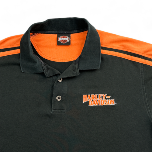 Vintage Harley Davidson Polo Shirt Black Orange Mechanic Dealership Adult LARGE