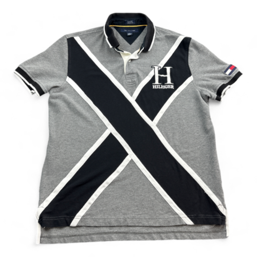 Tommy Hilfiger Polo Shirt Gray Black White Big H Youth LARGE